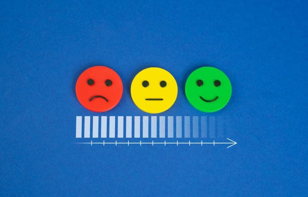 15+ Survey Questions About Employee Engagement (2026 Guide) 2 A feedback scale showing red, yellow, and green smiley faces above a graphical progress bar on a blue background, representing customer satisfaction levels in Chicago, IL.