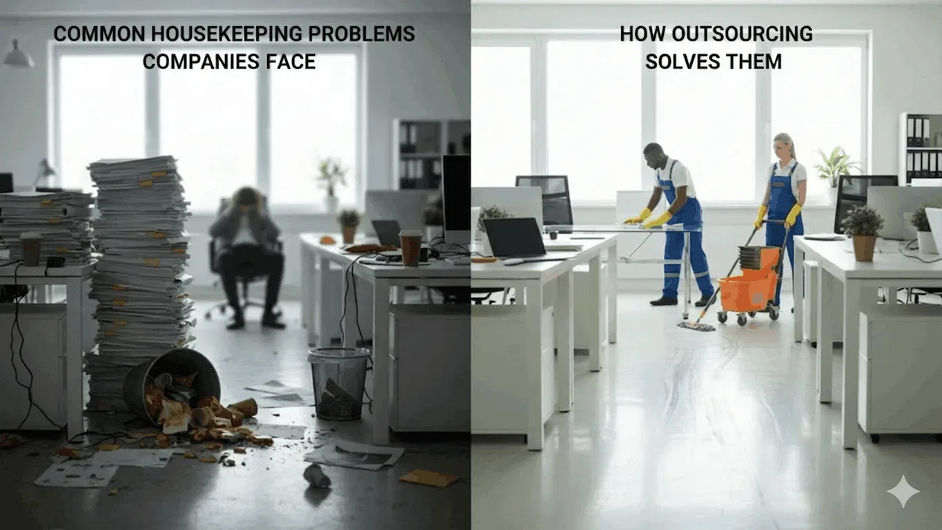 A side-by-side comparison of common office housekeeping problems versus professional outsourcing solutions. The left side shows a messy office with overflowing trash and paper stacks; the right side shows professional cleaners in blue uniforms mopping and dusting a bright, clean modern workspace.